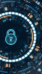 Vertical digital key icon with glowing HUD interface, symbolizing data access, encryption, cybersecurity and secure digital authentication technology concepts.