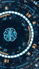 Vertical digital brain icon with glowing circuits and futuristic HUD interface, representing artificial intelligence, neural networks, data processing and innovation technology themes.