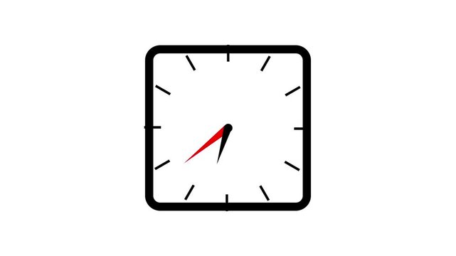 A minimalist square analog clock face with a thick black border and twelve black hour markers displayed on a stark white background with a thin red second hand and a black hour hand indicating