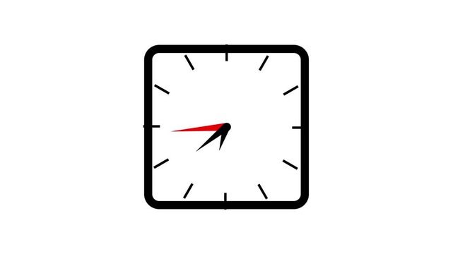 A minimalist square analog clock face with a thick black border and twelve black hour markers displayed on a stark white background with a thin red second hand and a black hour hand indicating