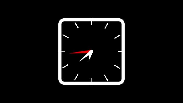 A minimalist square analog clock face with a thick white border and twelve white hour markers displayed on a solid black background with a thin red second hand and a white hour hand indicating