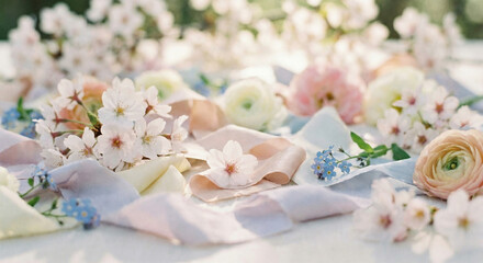 Dreamy arrangement of soft ribbons and spring blossoms creating gentle celebration atmosphere with natural light and soft focus
