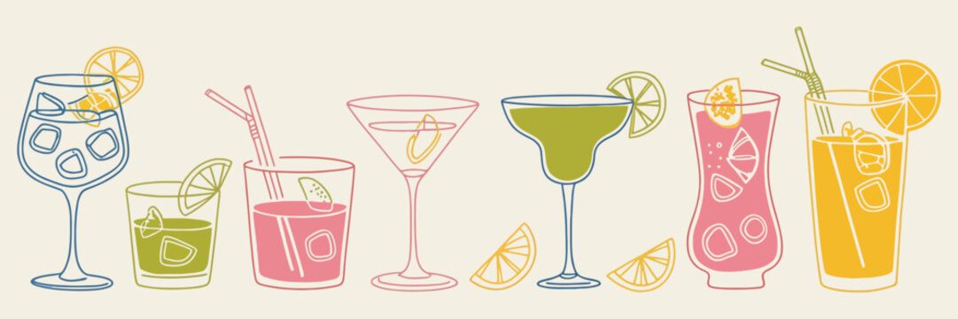 Hand Drawn Ink Doodle Cocktail Collection with Martini and Aperol Spritz, Alcoholic Drinks Illustration, Italian Style Wedding Dinner Icons, Sketch Beverage Set