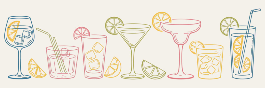 Hand Drawn Ink Doodle Cocktail Collection with Martini and Aperol Spritz, Alcoholic Drinks Illustration, Italian Style Wedding Dinner Icons, Sketch Beverage Set