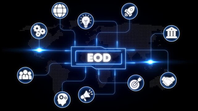 End of Day E O D Business Concept with Interconnected and Glowing Blue Lines on Dark Background Representing Global Communication Technology and Partnership