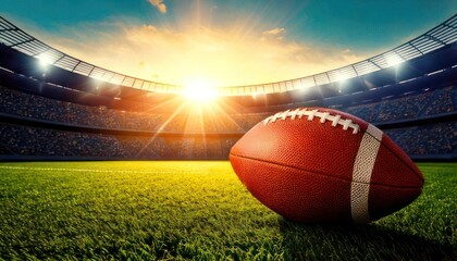 American Football on the Field with Stadium and Bright Sunlight in the Background.
