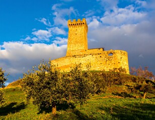 A stone medieval tower castle sits atop a hill, bathed in golden sunlight. Blue sky with fluffy clouds and trees