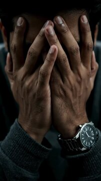 Man Covers Face with Hands, Wearing Watch, Feeling Overwhelmed, Stress.