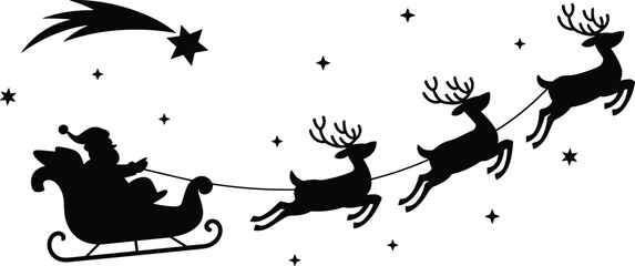 Santa Claus flying in a sleigh pulled by three reindeer through a starry night sky with a bright shooting star Christmas silhouette vector