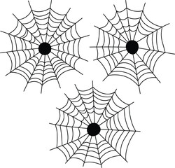 Obraz premium Set of three black spider web icons with central hubs isolated on white background for spooky Halloween decorations, creepy insect silk patterns, and graphic design elements