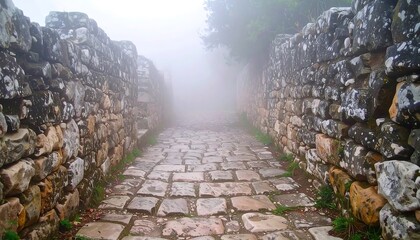 A stone path, bordered by aged walls, disappears into thick fog, leading through a misty environment
