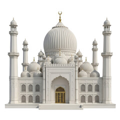 Fototapeta premium Intricate white mosque model with detailed architectural features and golden accents