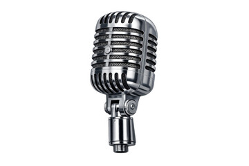 Fototapeta premium Retro metallic microphone with chrome finish on transparent background, symbolizing communication, podcasting, and performance