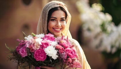 Beautiful woman in a headscarf smiles holding a bouquet of flowers in the sunlight.