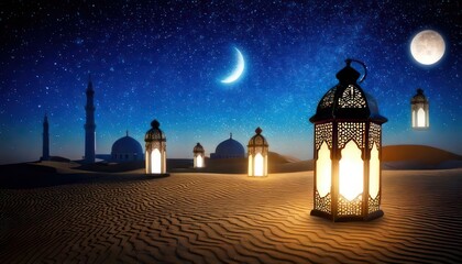 Beautiful night scene with lanterns, crescent moon, and mosque in the desert landscape.
