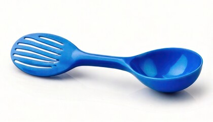 Blue plastic dual-purpose kitchen utensil with slotted scoop and solid spoon for food preparation.