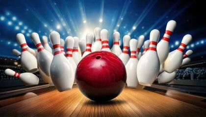 Bowling Ball Strikes Pins - A Dynamic Scene of Sports and Recreation.