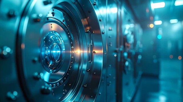 Vault of Security: An imposing vault door stands as a symbol of impenetrable security. The intricate details of the metalwork gleam under the cool, sterile light.