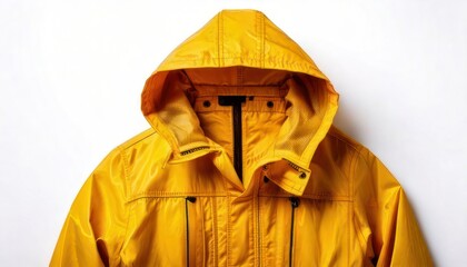 Bright Yellow Waterproof Hooded Jacket on White Background, Close-up Shot.