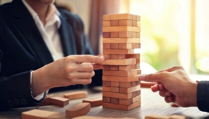 Business people playing Jenga game, teamwork and risk management concept.