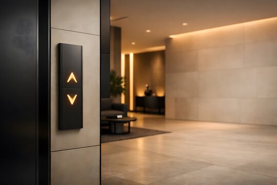 An elevator control panel is seen in a modern lobby. The up and down buttons are illuminated. The lobby has a sleek design with soft lighting. People can wait here for elevators