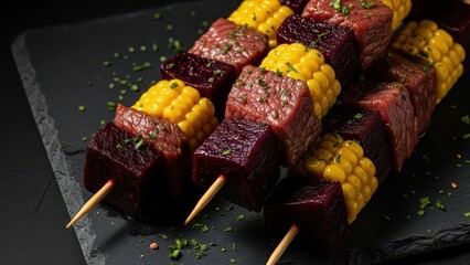 Marinated Beef and Beetroot Skewers with Corn on the Cob, a Savory Barbecue Delight