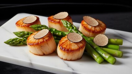Perfectly Pan-Seared Golden Scallops Served with Fresh Asparagus and Truffle
