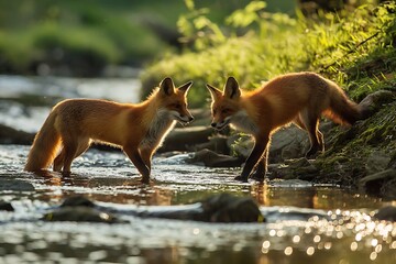two foxes in water
