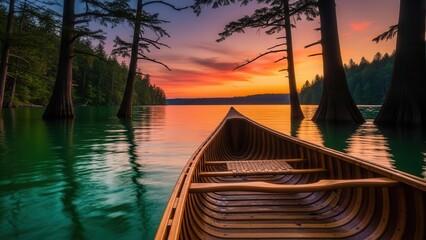 Wooden canoe gliding on a calm lake at sunset amidst tall trees and vibrant sky