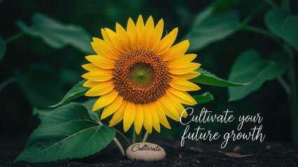 A bright yellow sunflower in full bloom, surrounded by green leaves, evoking growth and nature's beauty.