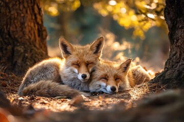 two foxes resting together