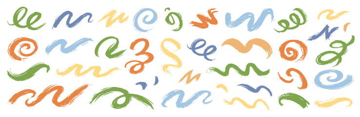 Obraz premium Hand painted brush stroke elements set with abstract swirls, lines and doodle shapes in soft earthy colors. Ideal for modern design, branding, posters, backgrounds and creative projects.