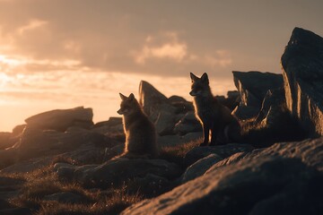 two foxes on rocky place