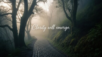 A cobblestone road winds through a misty forest as fog begins to clear, revealing a hidden pathway forward.