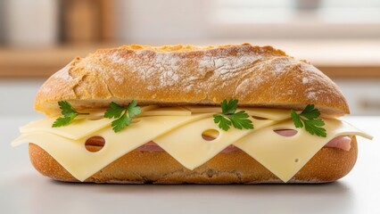 A delicious crusty baguette sandwich loaded with sliced cheese, ham, and fresh parsley for a satisfying meal