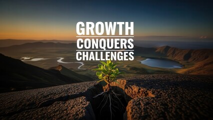 A lone plant sprouting from cracked earth on a mountain, with text "Growth Conquers Challenges" layered over a scenic sunrise landscape.