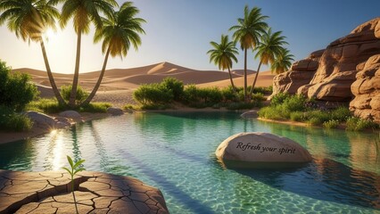 A serene desert oasis with palm trees swaying beside tranquil waters and dunes in the background, offering a peaceful escape.