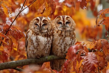 two owls resting on branch