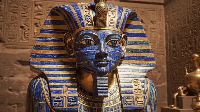 Ancient Egyptian Pharaoh Statue in Hieroglyphic Tomb