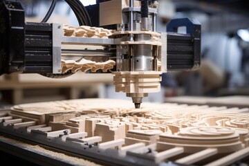 Cnc wood router creating a beautiful ornament with sawdust and complex patterns