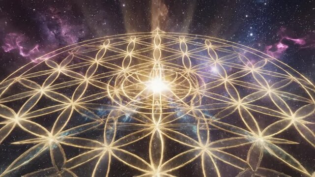 Sacred geometry pattern glowing with vibrant colors emanating from a bright center, set against a starry night sky with swirling aurora-like lights. Possible use for spiritual or mystical concepts