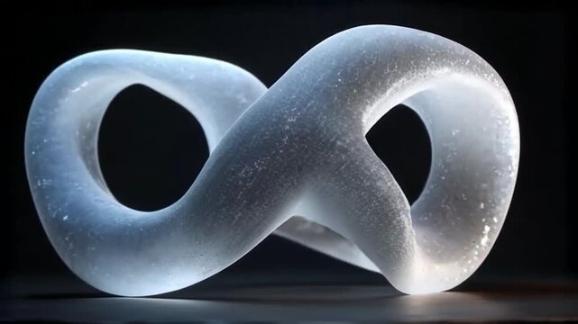 Glowing abstract sculpture with infinite loop design and speckled texture.