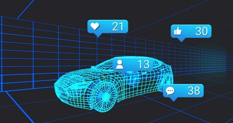 Naklejka premium Showing blue wireframe car rotating in 3D showroom, with bubbles heart21 like30 user13 comment38