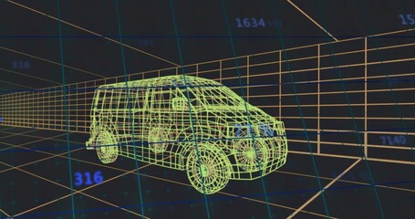 Fototapeta premium Rendering wireframe passenger van model moving through 3D grid tunnel, showing numeric overlays