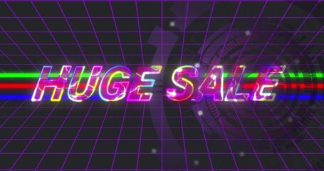 Displaying neon "HUGE SALE" lettering over purple grid plane with RGB stripes and HUD rings