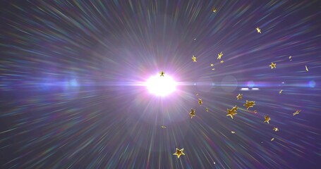 Obraz premium Radiating bright central burst sending colorful lens flares and golden stars across cosmic field