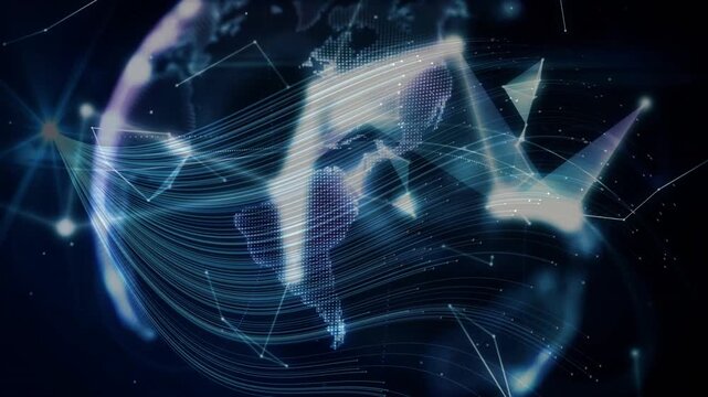 Left flare sparking flowing ribbons holo globe forming and settling above open hand showing network