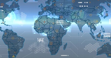 Obraz premium Displaying stylized world map on data dashboard, showing hex clusters, data panels, target markers