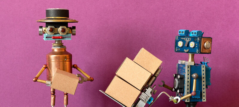 Courier robot with trolley of boxes, customer robot receiving a cardboard parcel. Last mile delivery concept, e-commerce poster, freight promotion card