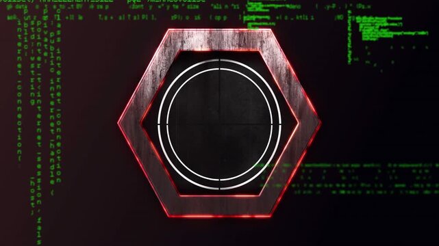 Green code starting, metal hex staying centered while overlays scrolling, rings rotating, for scan